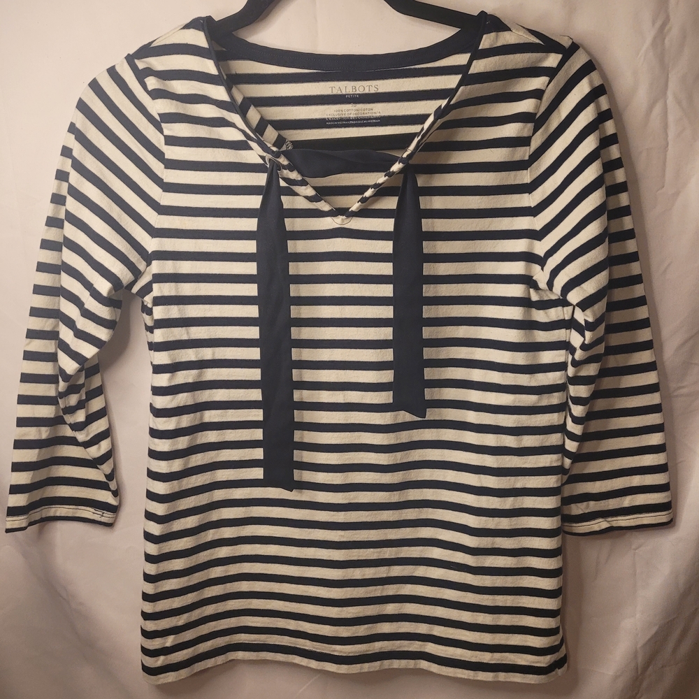 Talbots Classic Navy and Cream Striped Long Sleeve Top